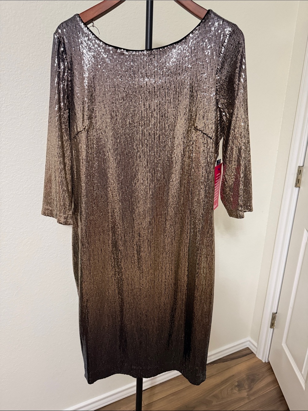 Tahari Gold Bronze Ombré Sequin Long Sleeve Shift Dress